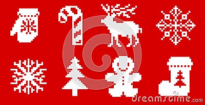 A set of eight Christmas-themed items: snowflakes, tree, deer, mitten, lollipop, Christmas sock. Vector Illustration